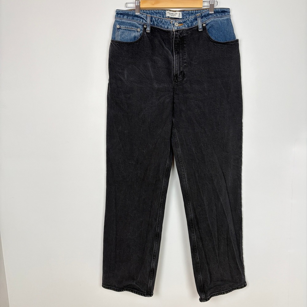 Abercrombie Fitch 90s Relaxed Jeans 32L High Rise Curve Love Wide Leg Black Blue